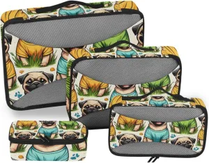 Packing Cubes for Travel 4 Set Pug Dog Summer Sun Luggage Set Suitcase Organizer Bags Mesh Accessories Storage Pouch Toiletry Packing Cubes