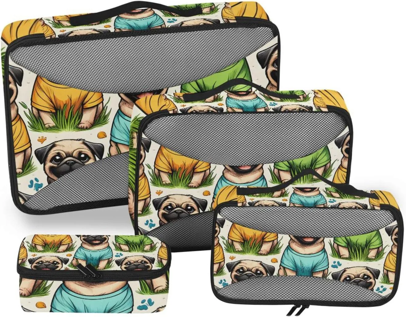 Packing Cubes for Travel 4 Set Pug Dog Summer Sun Luggage Set Suitcase Organizer Bags Mesh Accessories Storage Pouch Toiletry Packing Cubes