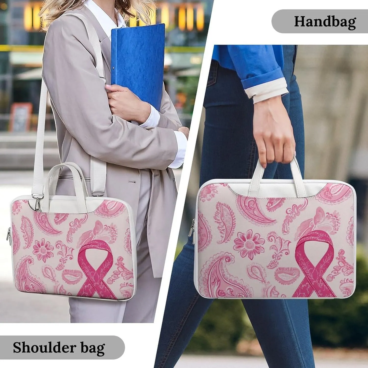 Paisley Breast Cancer Ribbon Leather Bag Laptop Case Slim Water Resistant Computer Bags with Handle Briefcase for Work