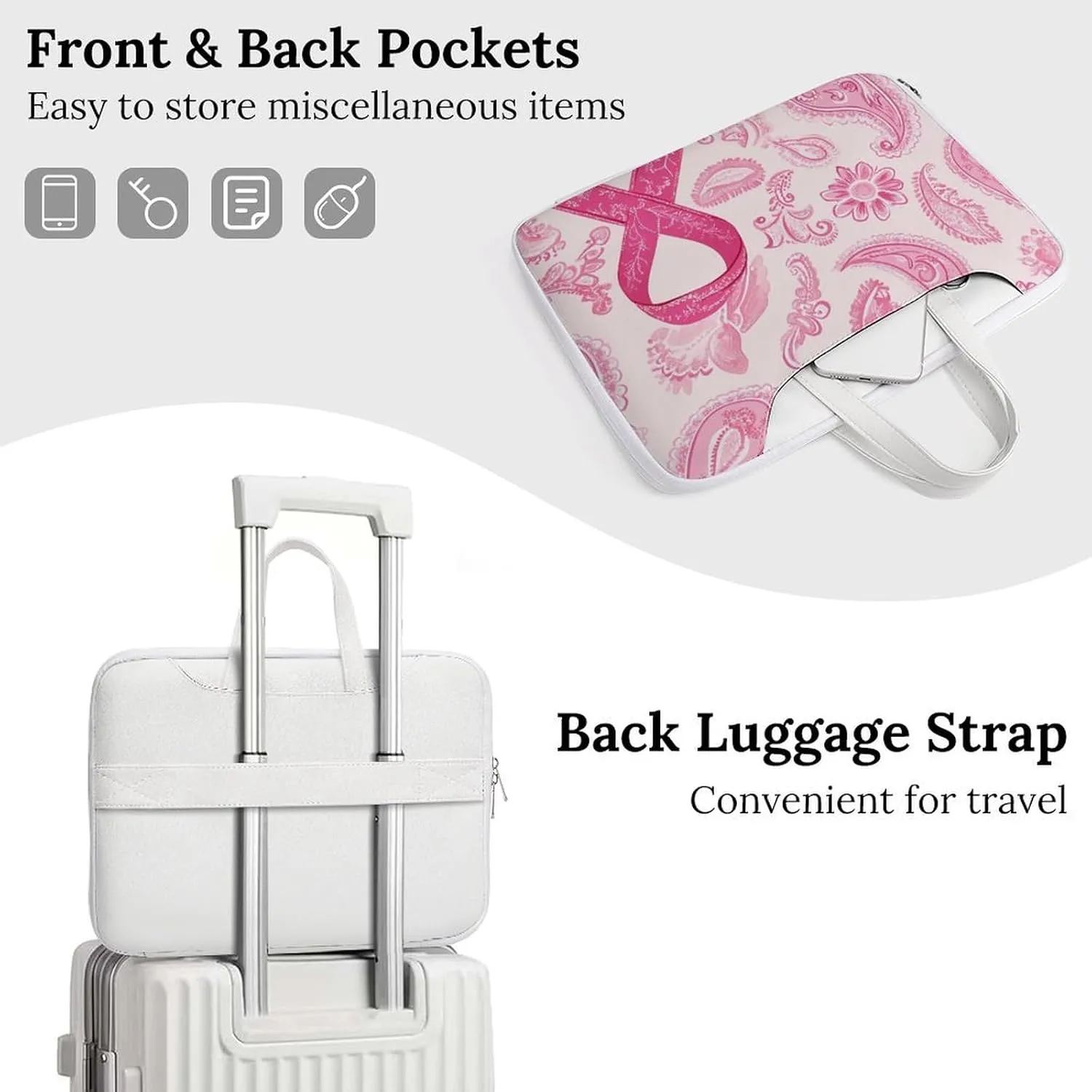 Paisley Breast Cancer Ribbon Leather Bag Laptop Case Slim Water Resistant Computer Bags with Handle Briefcase for Work