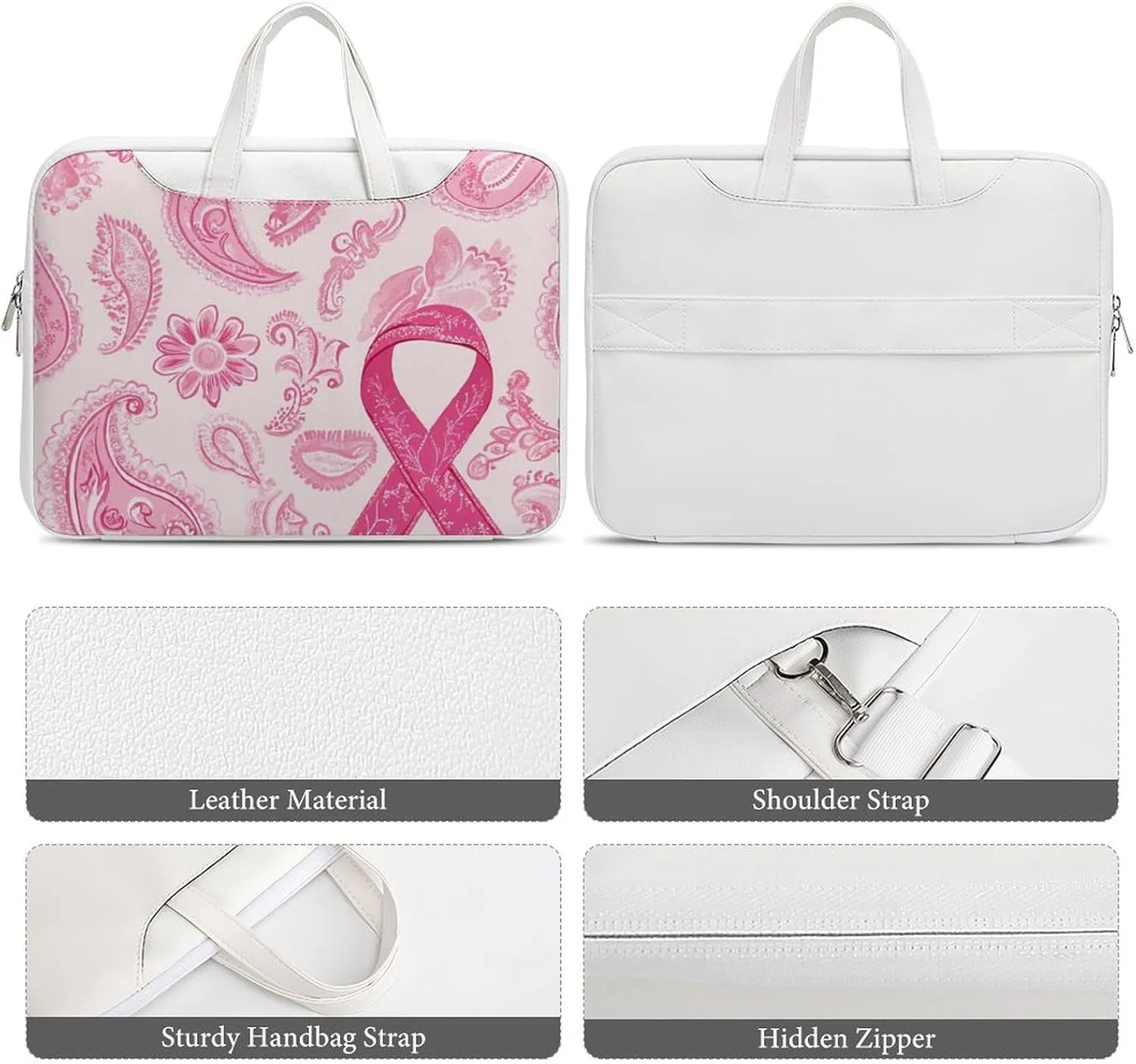 Paisley Breast Cancer Ribbon Leather Bag Laptop Case Slim Water Resistant Computer Bags with Handle Briefcase for Work