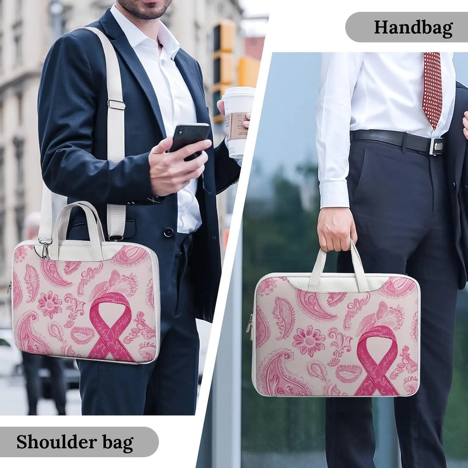 Paisley Breast Cancer Ribbon Leather Bag Laptop Case Slim Water Resistant Computer Bags with Handle Briefcase for Work