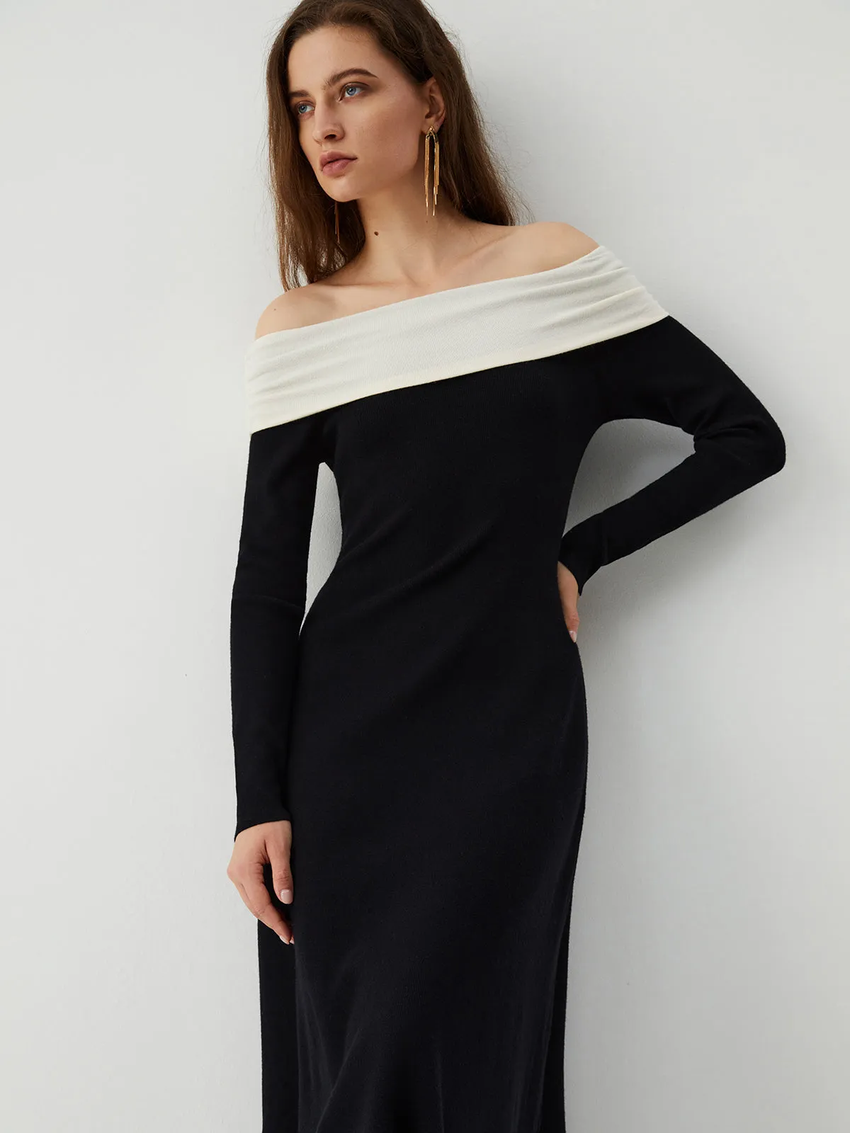 Patchwork Off Shoulder Long Modern Sleeve Long Sweater Dress