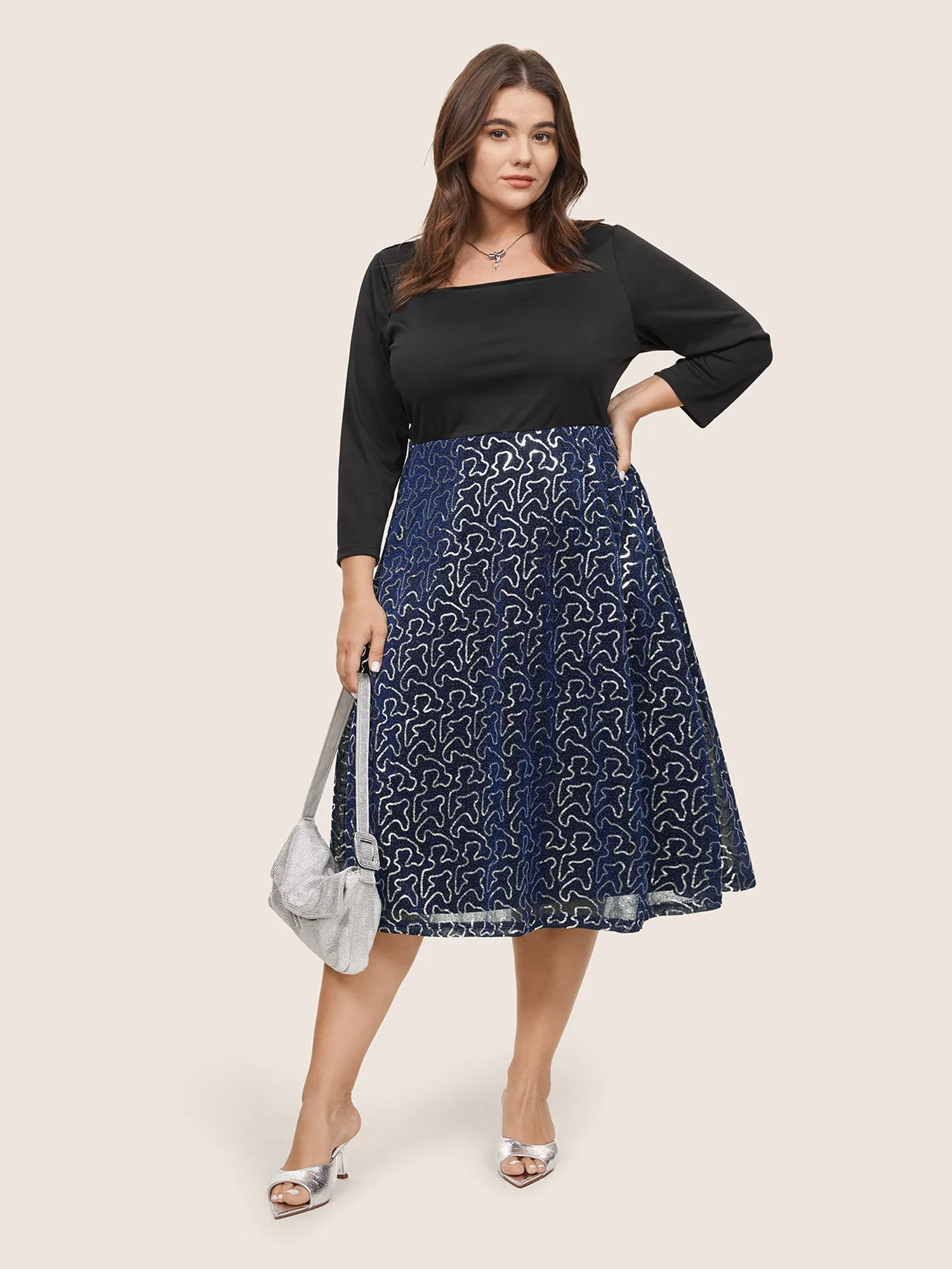 Patchwork Sequin Elastic Waist Square Neck Dress