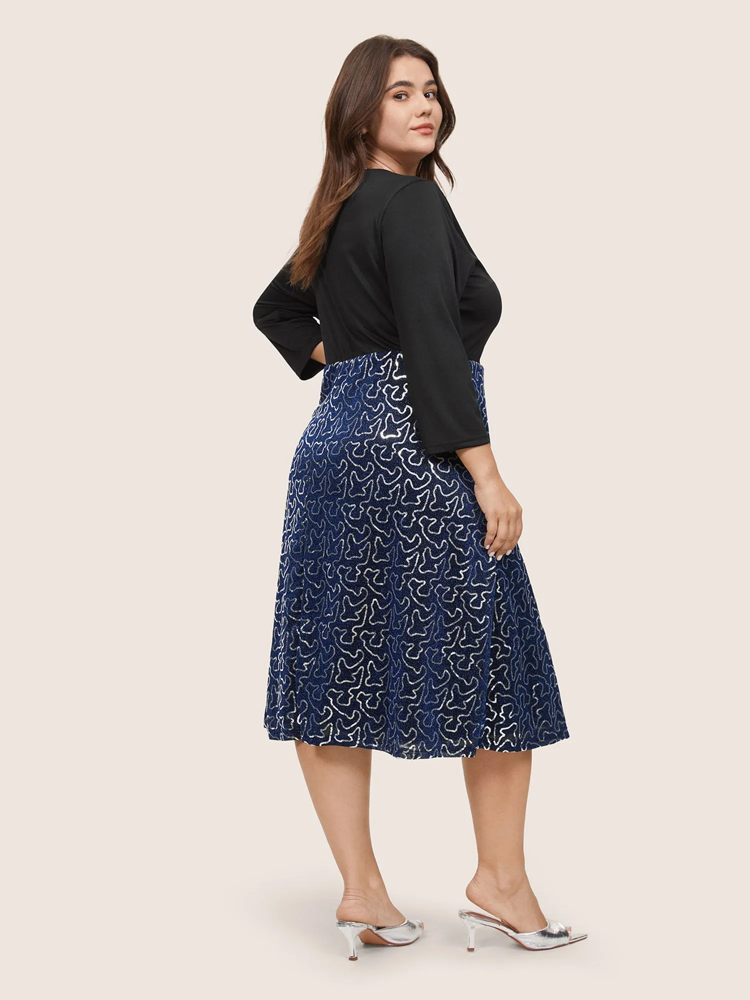Patchwork Sequin Elastic Waist Square Neck Dress