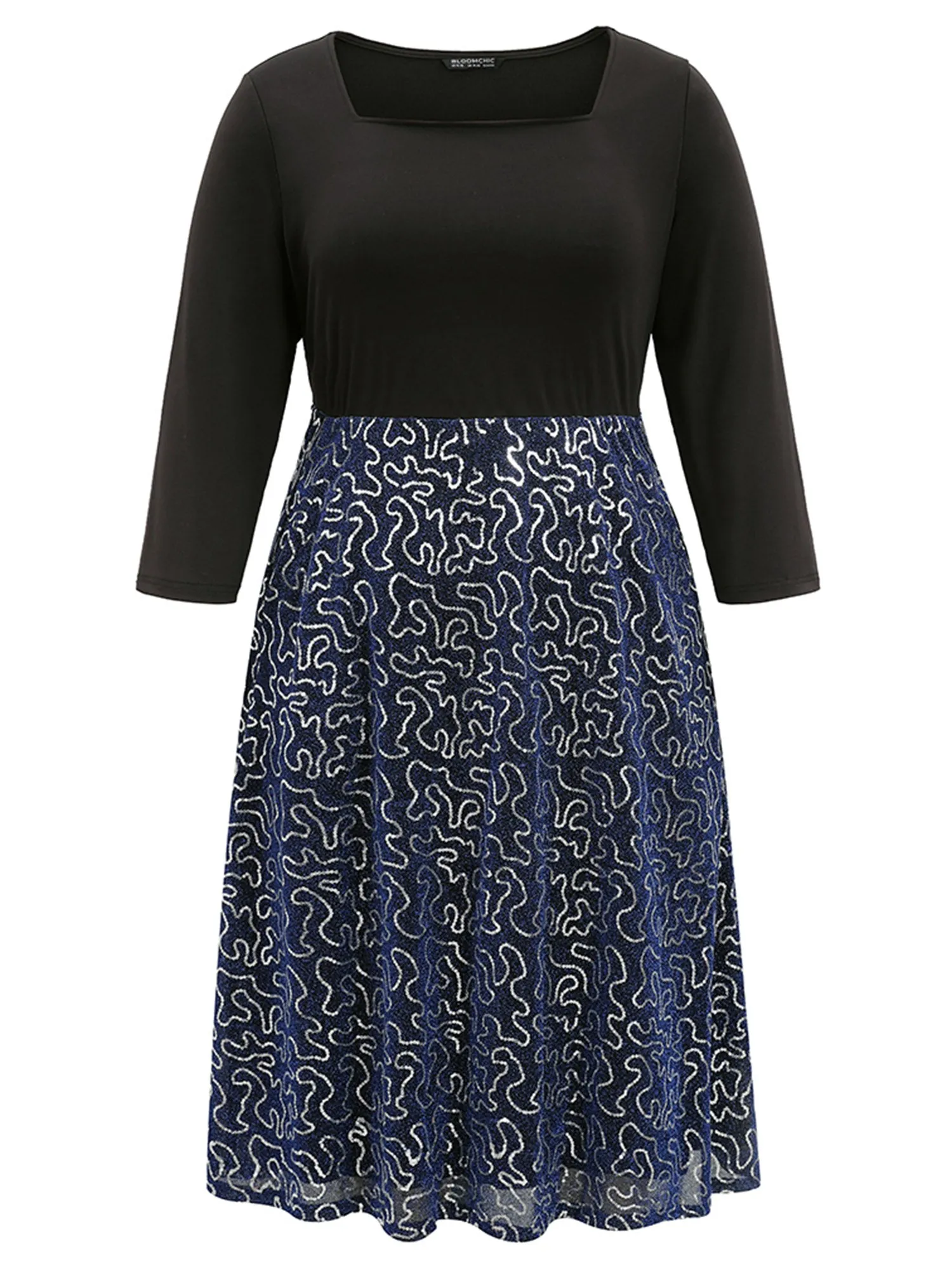 Patchwork Sequin Elastic Waist Square Neck Dress