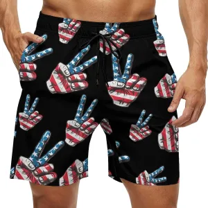 Peace Sign American Flag Men's Swim Trunks Quick Dry Board Shorts Breathable Summer Beach Shorts Bathing Suits