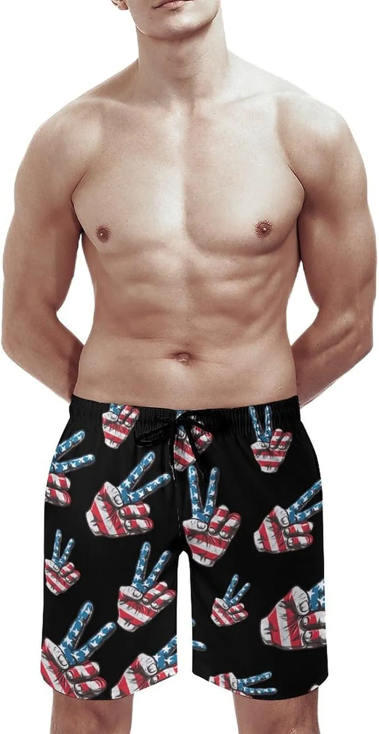 Peace Sign American Flag Men's Swim Trunks Quick Dry Board Shorts Breathable Summer Beach Shorts Bathing Suits