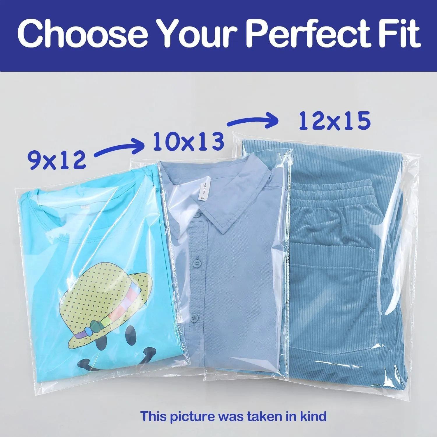 PigPotParty 12" x 15" Clear Plastic T-Shirt Bags with Clothing Size Stickers, 100 Pcs Cellophane Shirt Sleeves Packaging Bags for Small Business, Thick, Self-adhesive & Resealable