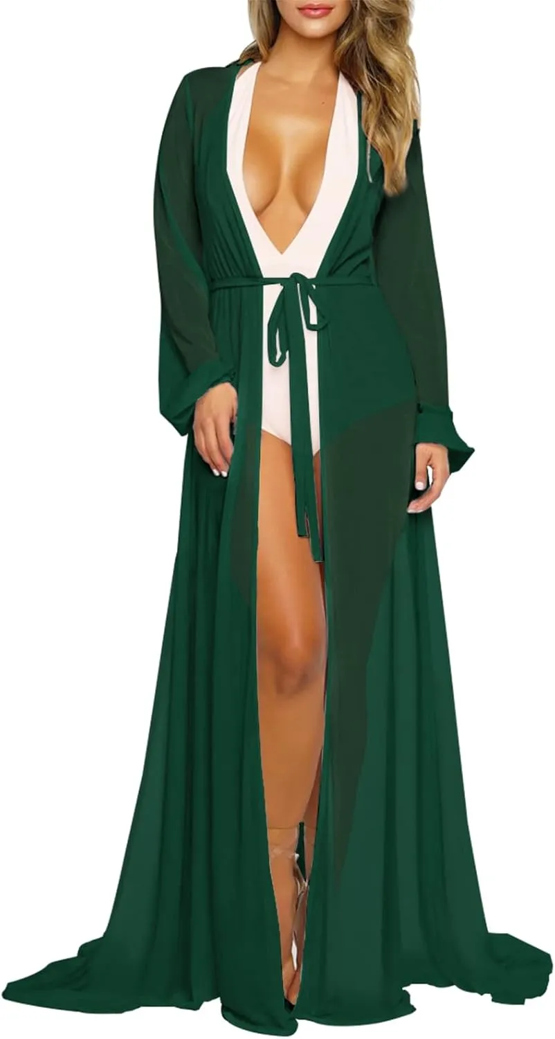 Pink Queen Women's Long Sleeve Flowy Maxi Swimsuit Tie Front Robe Cover Up