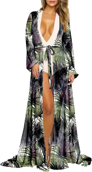 Pink Queen Women's Long Sleeve Flowy Maxi Swimsuit Tie Front Robe Cover Up