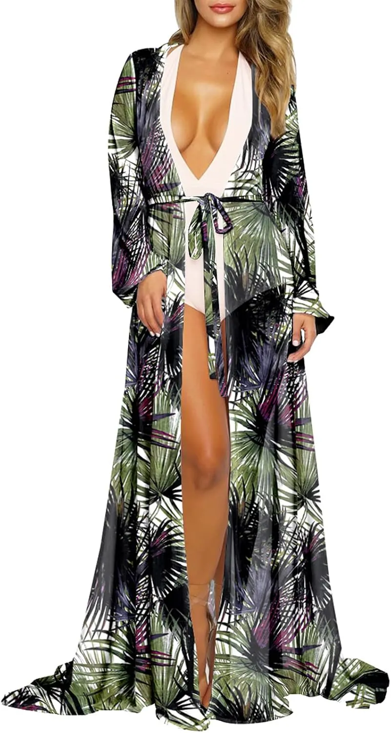 Pink Queen Women's Long Sleeve Flowy Maxi Swimsuit Tie Front Robe Cover Up