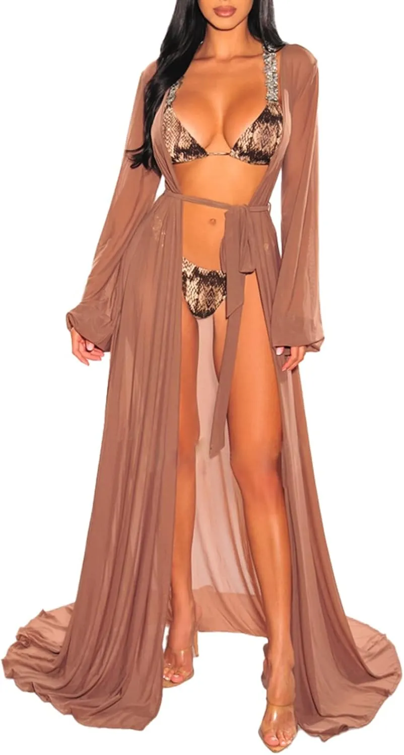 Pink Queen Women's Long Sleeve Flowy Maxi Swimsuit Tie Front Robe Cover Up