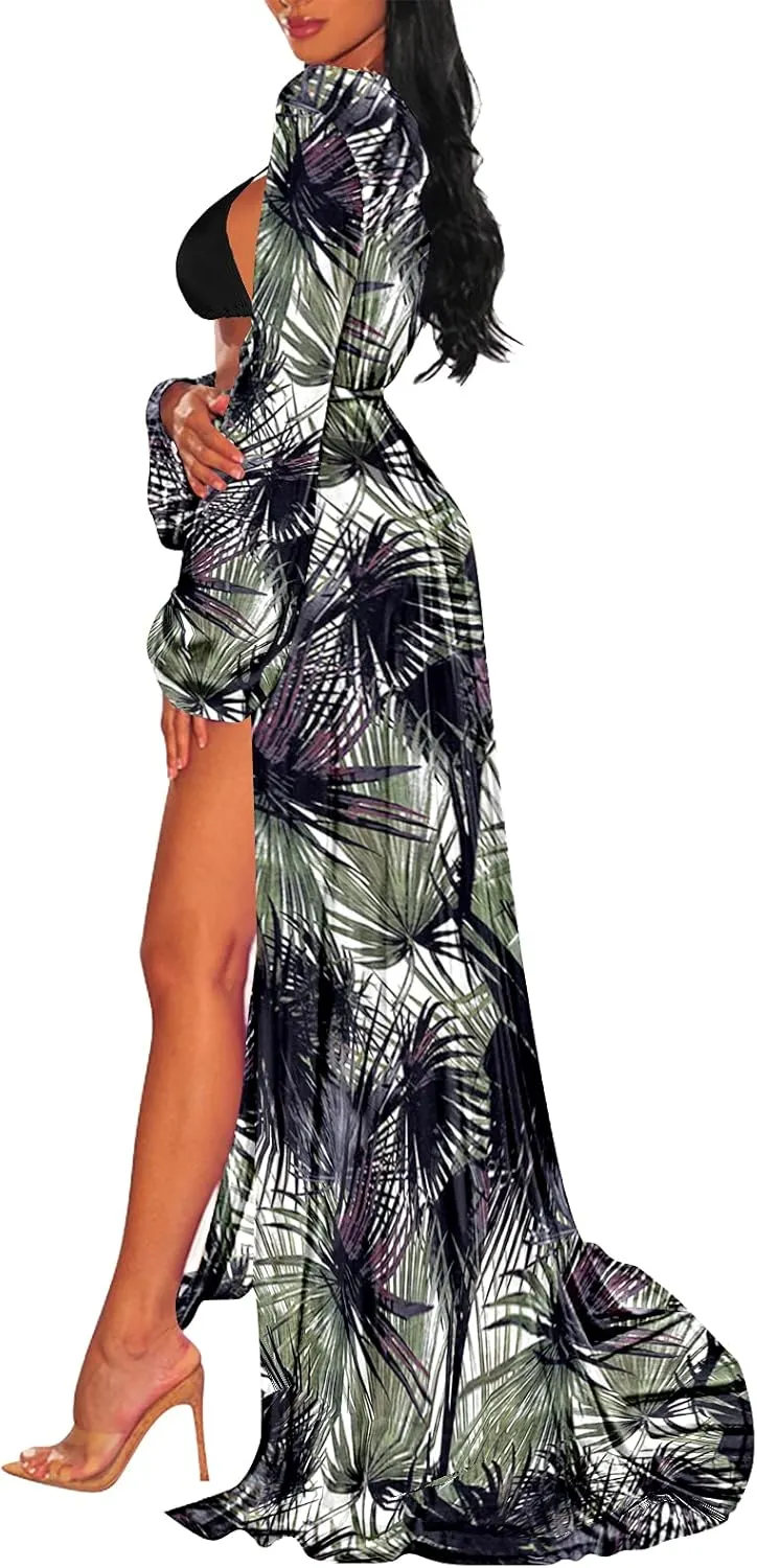 Pink Queen Women's Long Sleeve Flowy Maxi Swimsuit Tie Front Robe Cover Up