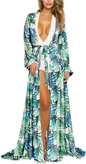 Pink Queen Women's Long Sleeve Flowy Maxi Swimsuit Tie Front Robe Cover Up