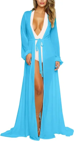 Pink Queen Women's Long Sleeve Flowy Maxi Swimsuit Tie Front Robe Cover Up