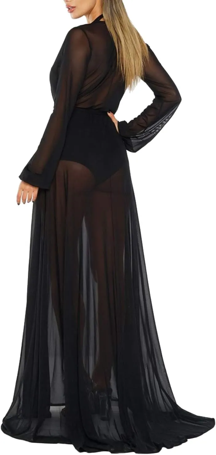 Pink Queen Women's Long Sleeve Flowy Maxi Swimsuit Tie Front Robe Cover Up
