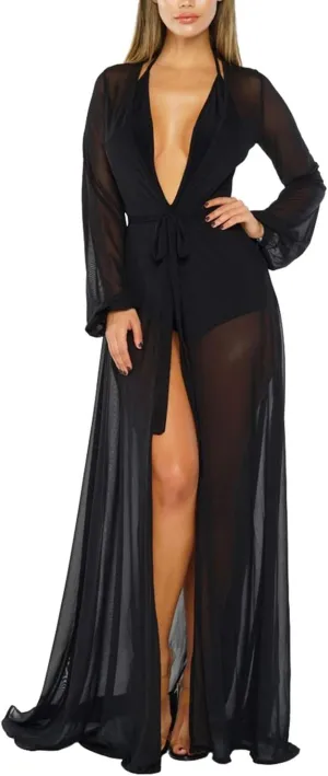Pink Queen Women's Long Sleeve Flowy Maxi Swimsuit Tie Front Robe Cover Up