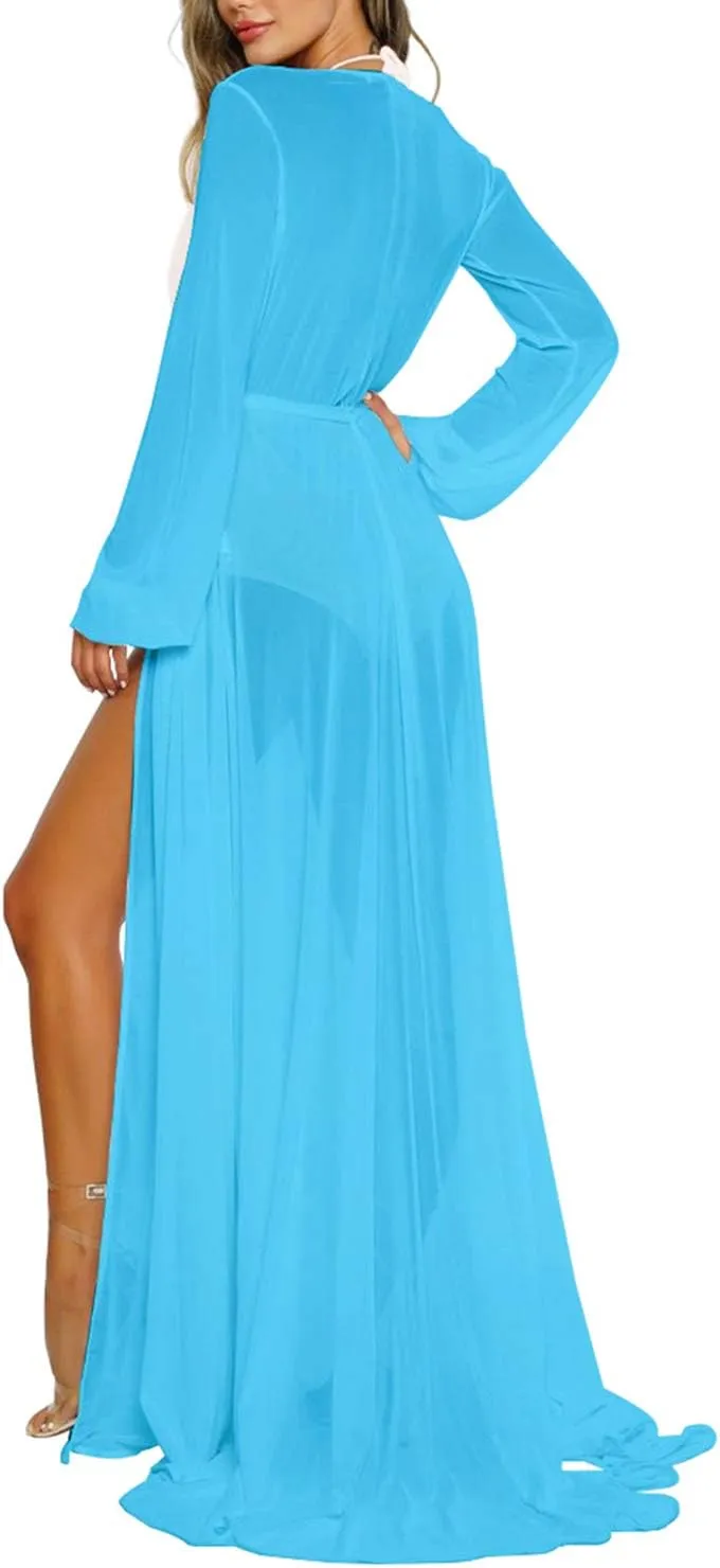 Pink Queen Women's Long Sleeve Flowy Maxi Swimsuit Tie Front Robe Cover Up