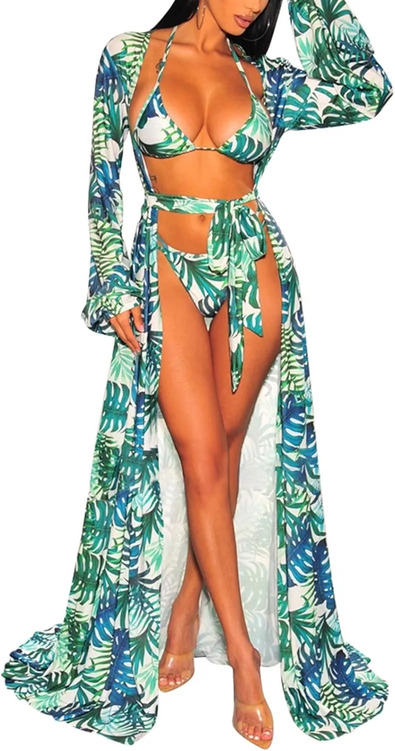 Pink Queen Women's Long Sleeve Flowy Maxi Swimsuit Tie Front Robe Cover Up