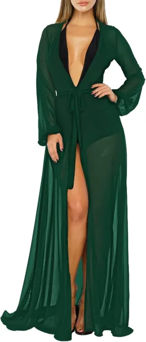 Pink Queen Women's Long Sleeve Flowy Maxi Swimsuit Tie Front Robe Cover Up