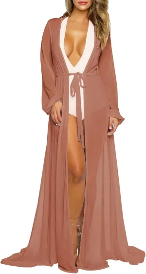 Pink Queen Women's Long Sleeve Flowy Maxi Swimsuit Tie Front Robe Cover Up