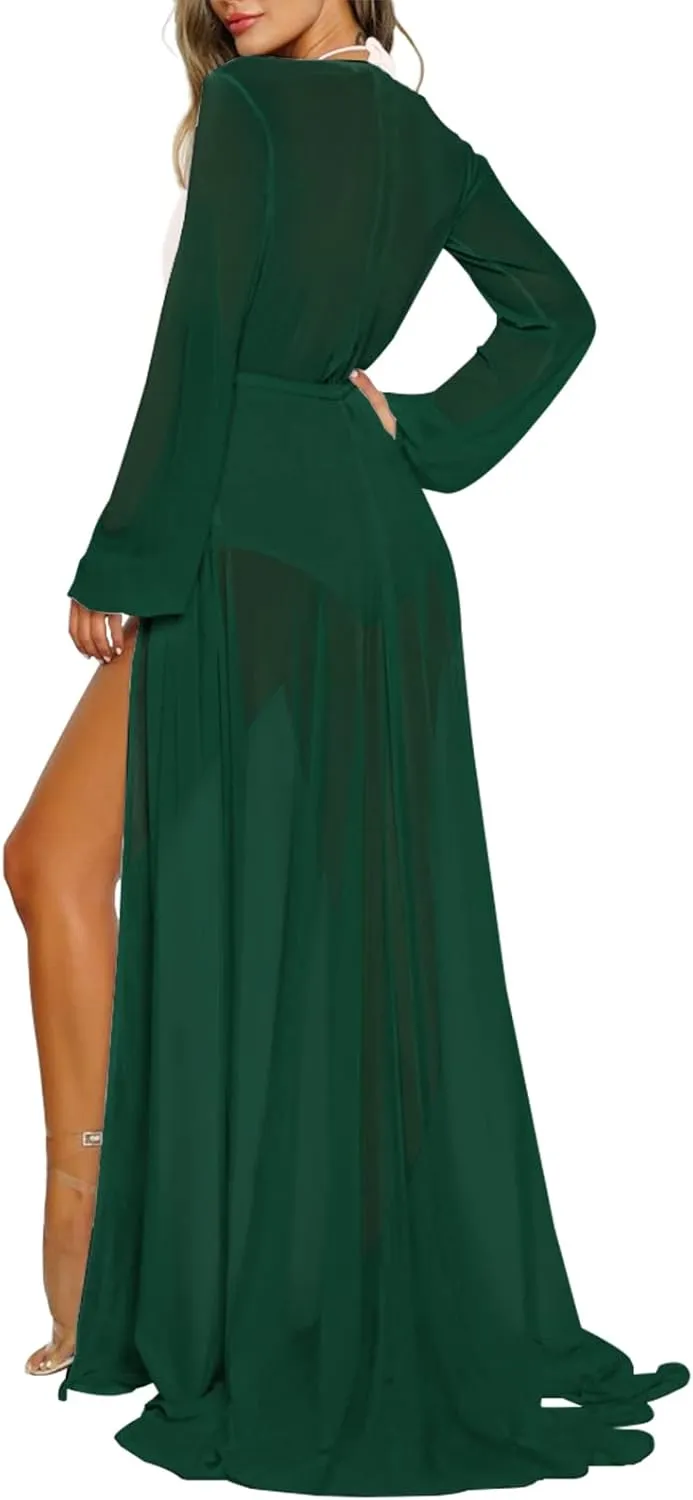 Pink Queen Women's Long Sleeve Flowy Maxi Swimsuit Tie Front Robe Cover Up