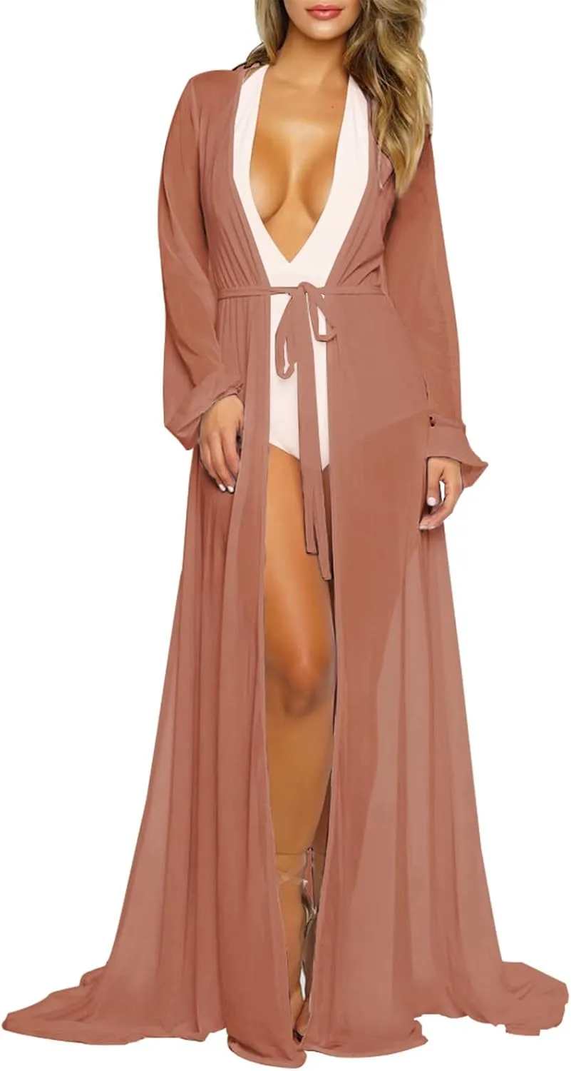 Pink Queen Women's Long Sleeve Flowy Maxi Swimsuit Tie Front Robe Cover Up