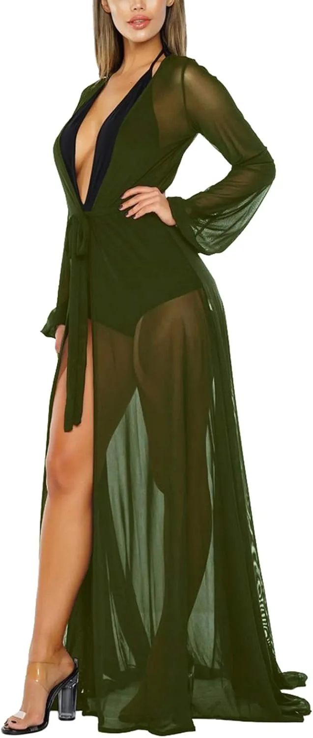 Pink Queen Women's Long Sleeve Flowy Maxi Swimsuit Tie Front Robe Cover Up