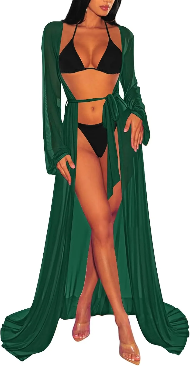 Pink Queen Women's Long Sleeve Flowy Maxi Swimsuit Tie Front Robe Cover Up