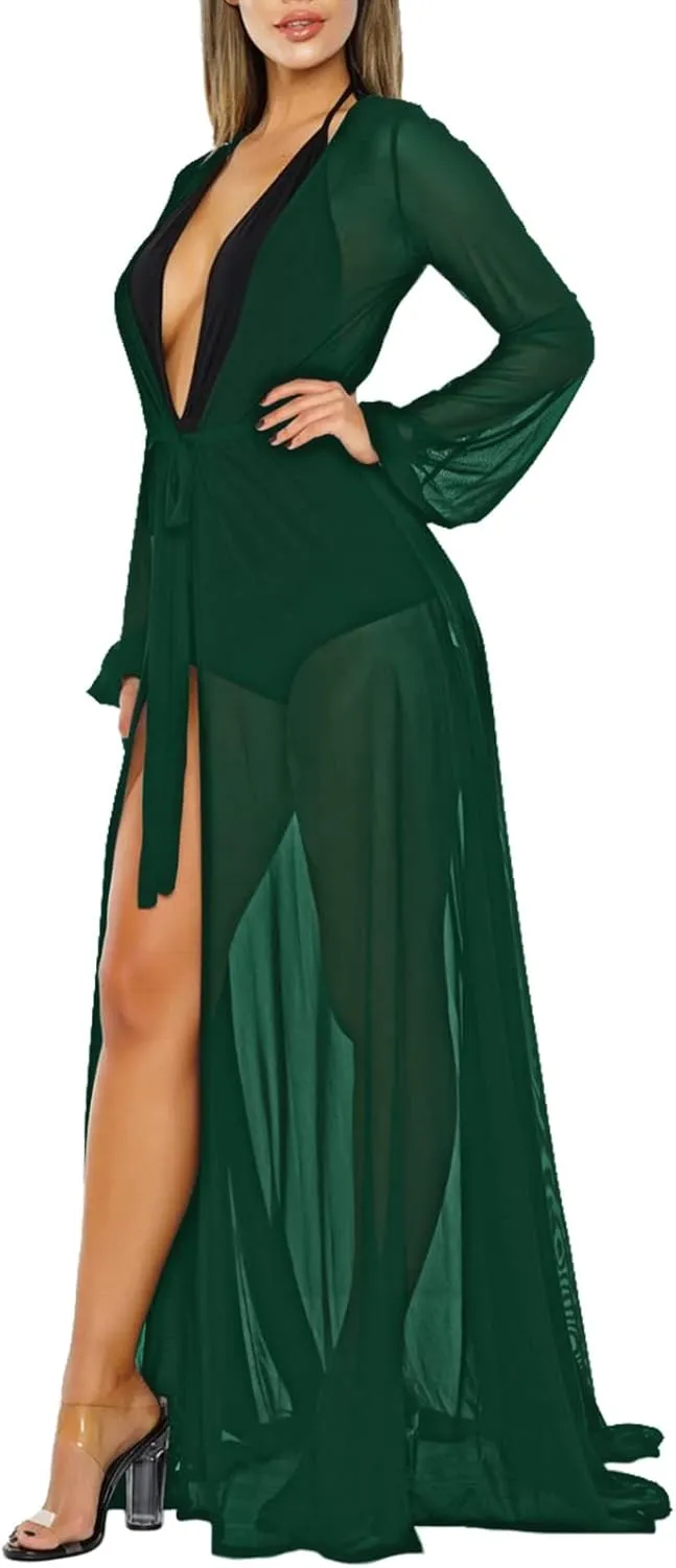 Pink Queen Women's Long Sleeve Flowy Maxi Swimsuit Tie Front Robe Cover Up