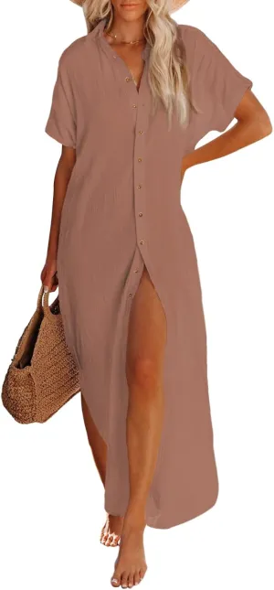 Pink Queen Women's Short Sleeve Button Down Side Slit Maxi Long Swimsuit Cover Up Blouse Dress with Belt