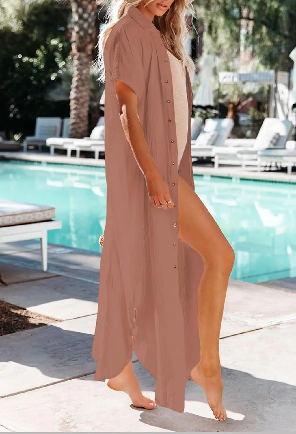 Pink Queen Women's Short Sleeve Button Down Side Slit Maxi Long Swimsuit Cover Up Blouse Dress with Belt