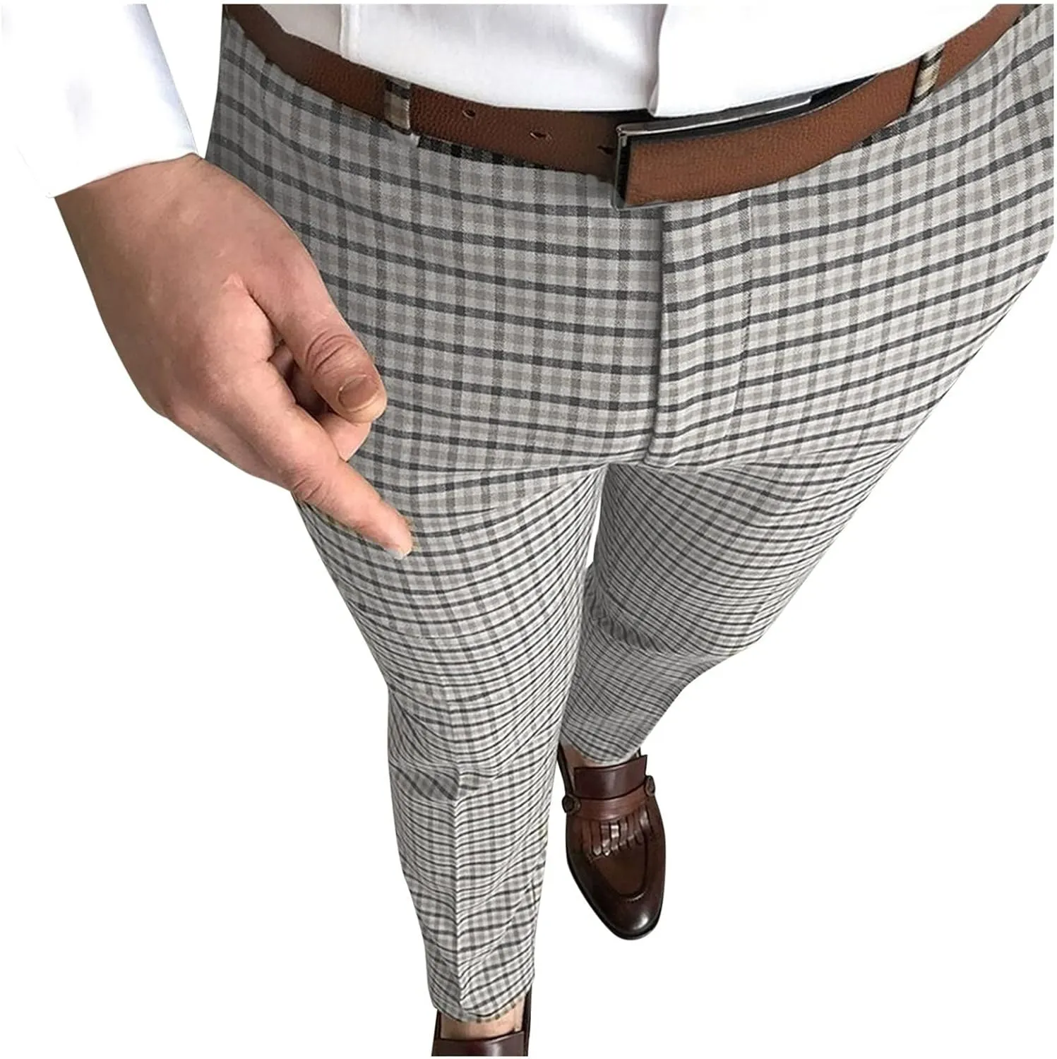 Plaid Dress Pants for Men Casual Slim Fit Chinos Pants Stretch Lightweight Business Pencil Pants Work Trousers with Pockets