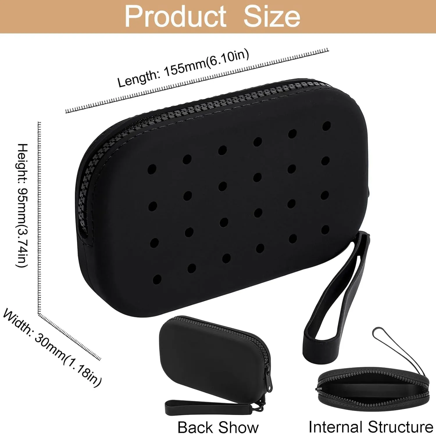 Portable Silicone Makeup Bag for Women, Small Travel Toiletry Cosmetic Bag with Decorative Holes, Zipper Closure Organizer Makeup Case with Handle (Black)