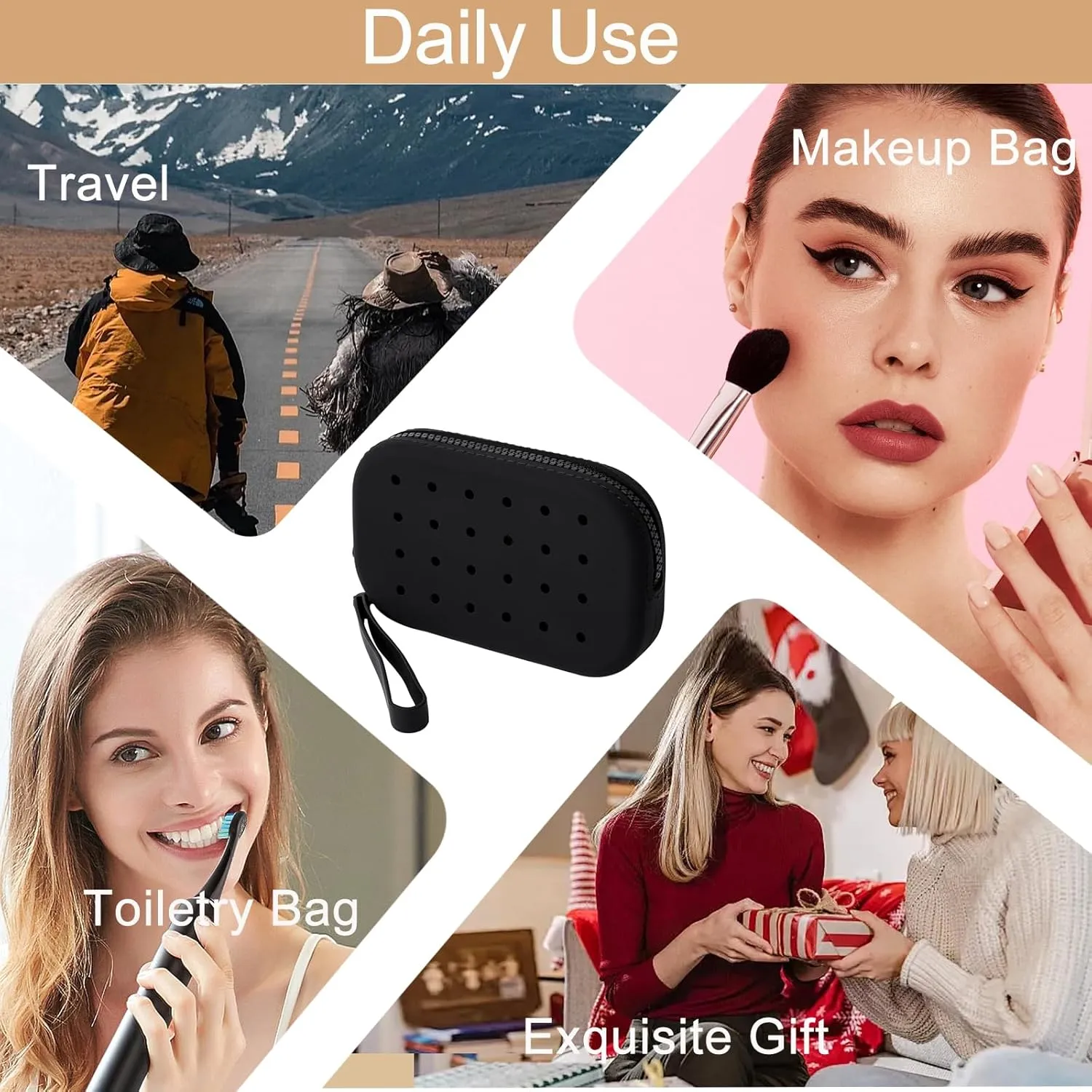 Portable Silicone Makeup Bag for Women, Small Travel Toiletry Cosmetic Bag with Decorative Holes, Zipper Closure Organizer Makeup Case with Handle (Black)