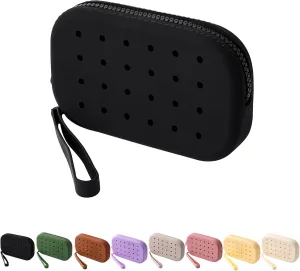 Portable Silicone Makeup Bag for Women, Small Travel Toiletry Cosmetic Bag with Decorative Holes, Zipper Closure Organizer Makeup Case with Handle (Black)