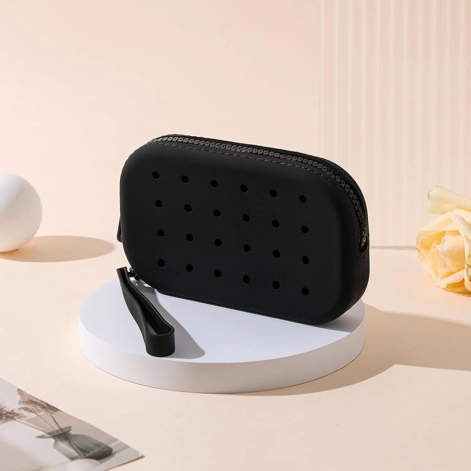Portable Silicone Makeup Bag for Women, Small Travel Toiletry Cosmetic Bag with Decorative Holes, Zipper Closure Organizer Makeup Case with Handle (Black)