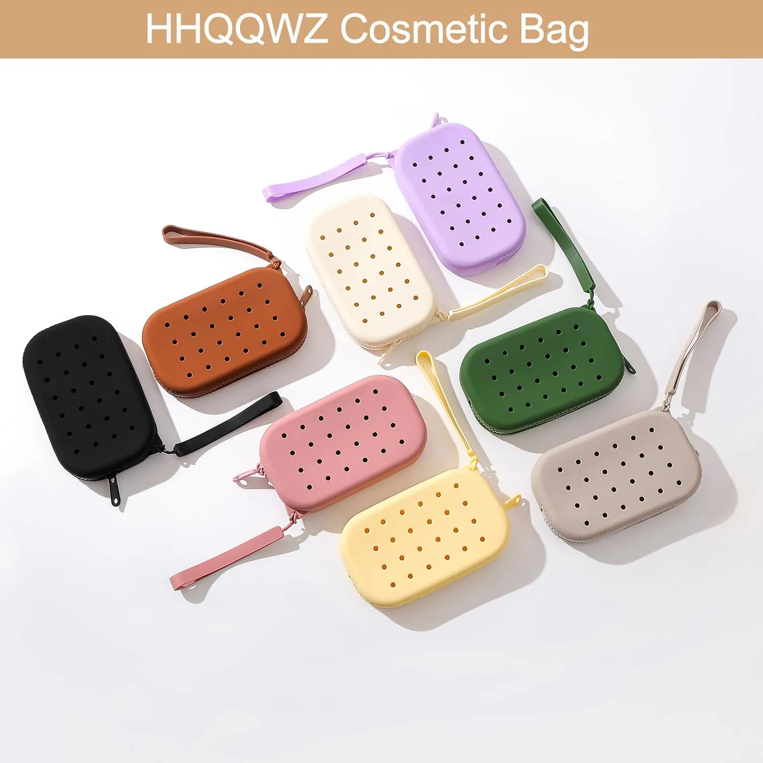 Portable Silicone Makeup Bag for Women, Small Travel Toiletry Cosmetic Bag with Decorative Holes, Zipper Closure Organizer Makeup Case with Handle (Black)