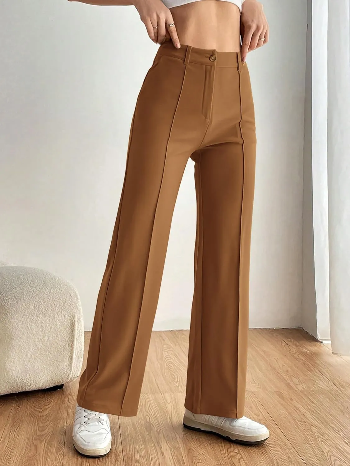 PRETTYGARDEN Straight Leg Pants Stretchy Button Business Casual Work Trousers Knit Elastic Waist Slacks
