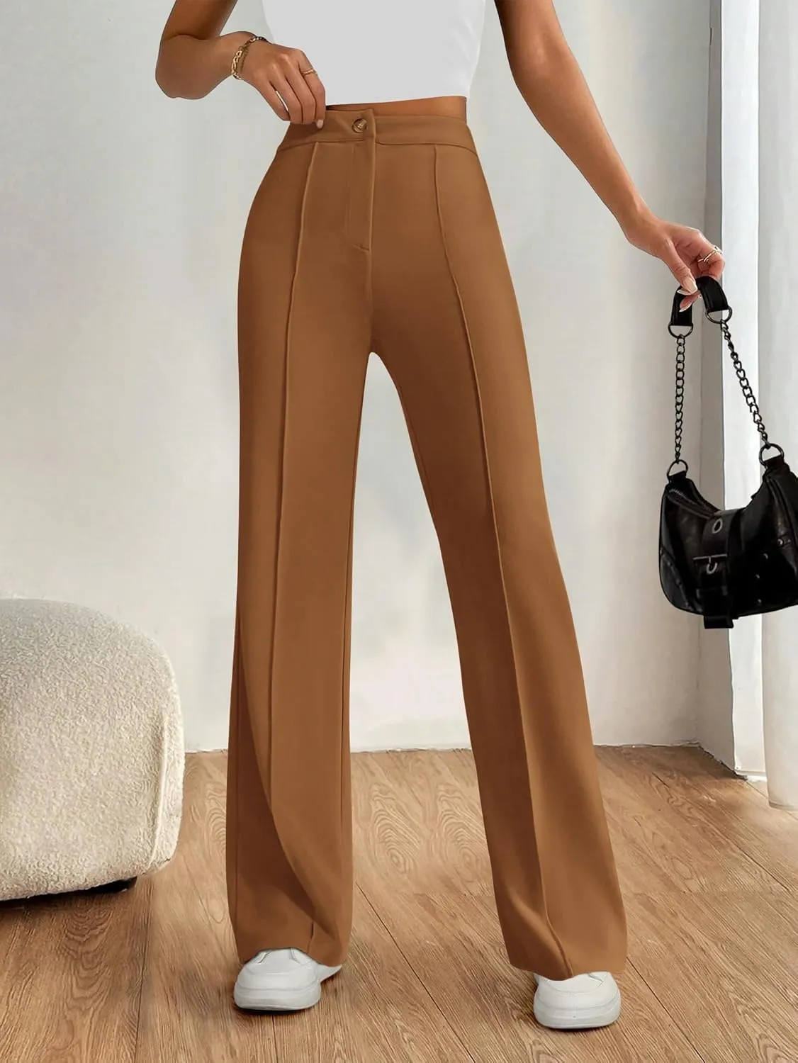 PRETTYGARDEN Straight Leg Pants Stretchy Button Business Casual Work Trousers Knit Elastic Waist Slacks