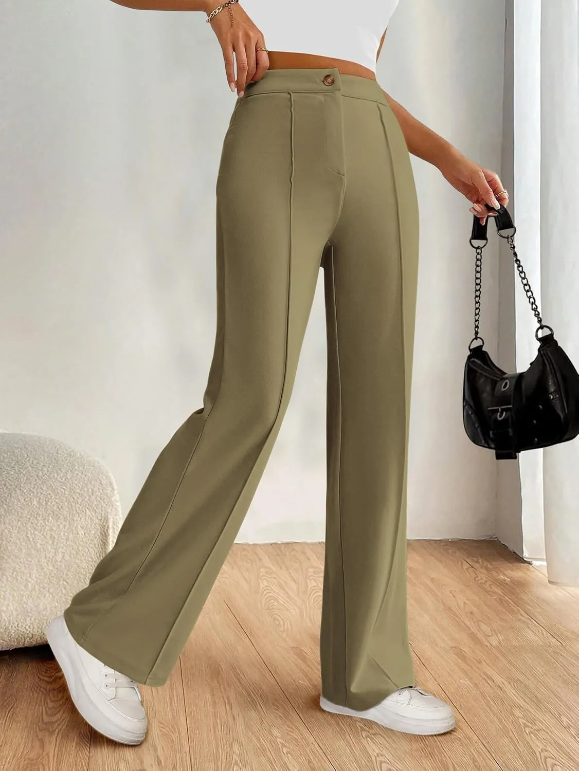 PRETTYGARDEN Straight Leg Pants Stretchy Button Business Casual Work Trousers Knit Elastic Waist Slacks