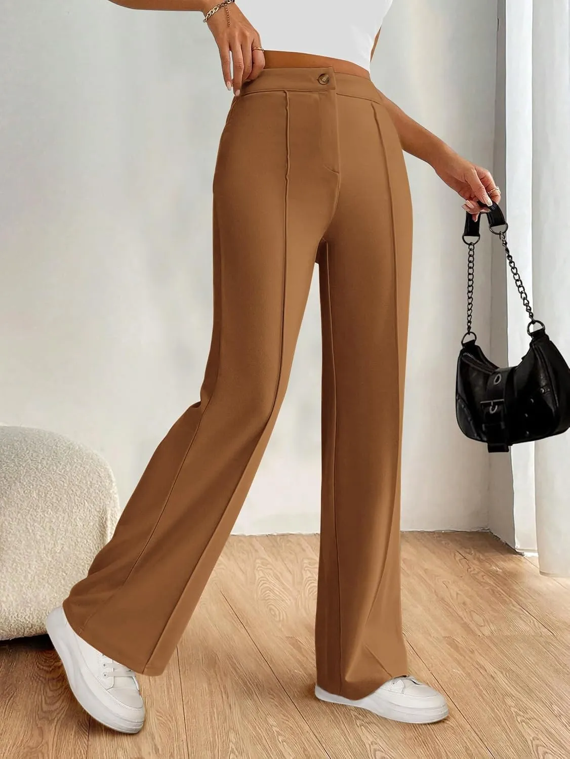 PRETTYGARDEN Straight Leg Pants Stretchy Button Business Casual Work Trousers Knit Elastic Waist Slacks