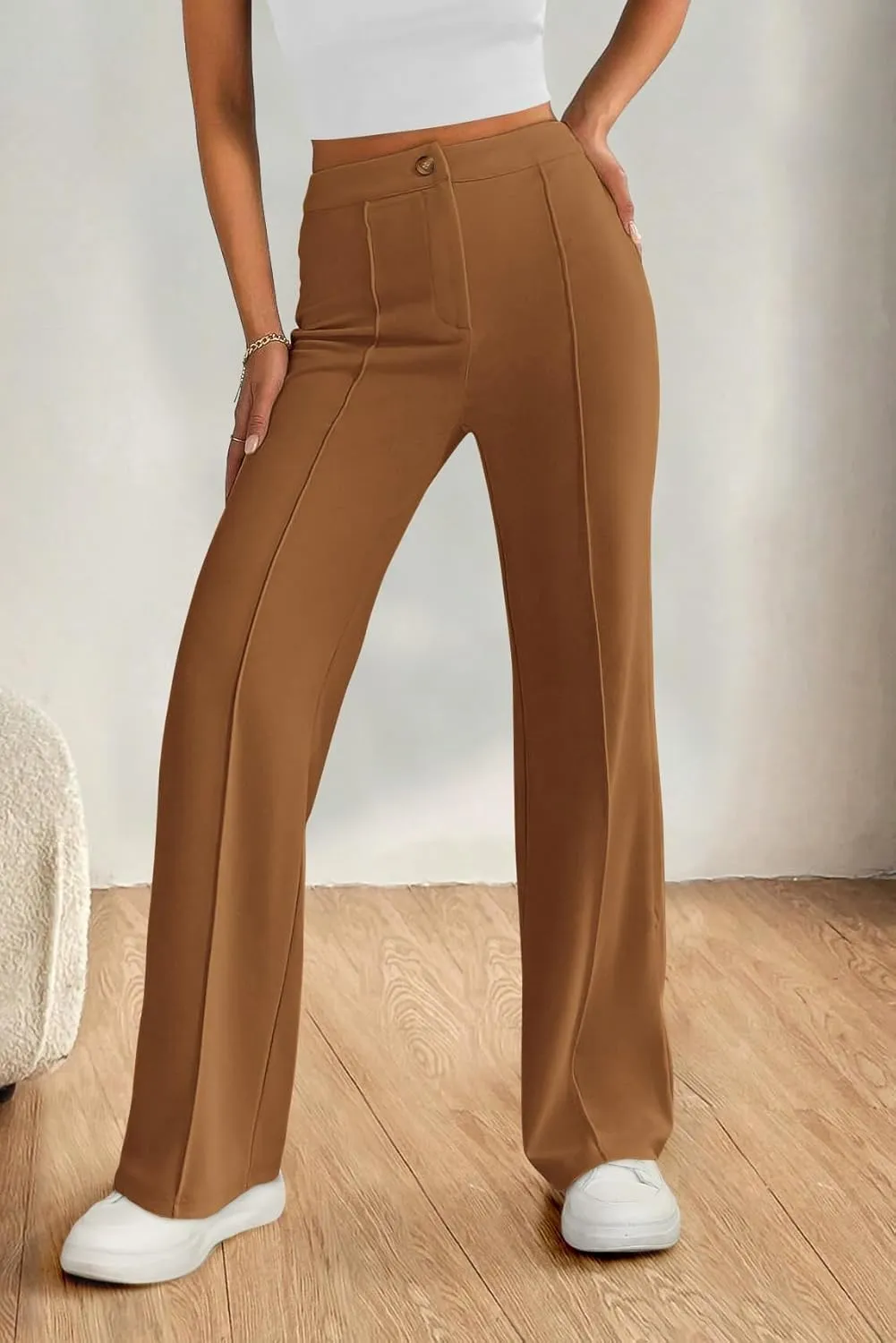 PRETTYGARDEN Straight Leg Pants Stretchy Button Business Casual Work Trousers Knit Elastic Waist Slacks