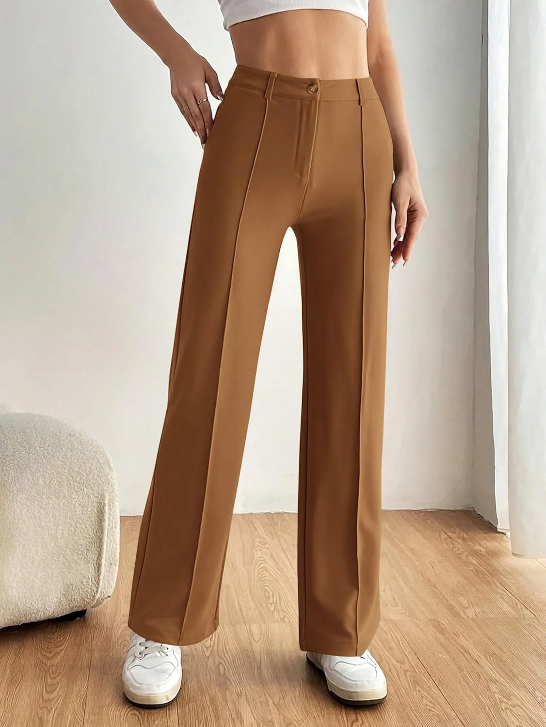 PRETTYGARDEN Straight Leg Pants Stretchy Button Business Casual Work Trousers Knit Elastic Waist Slacks