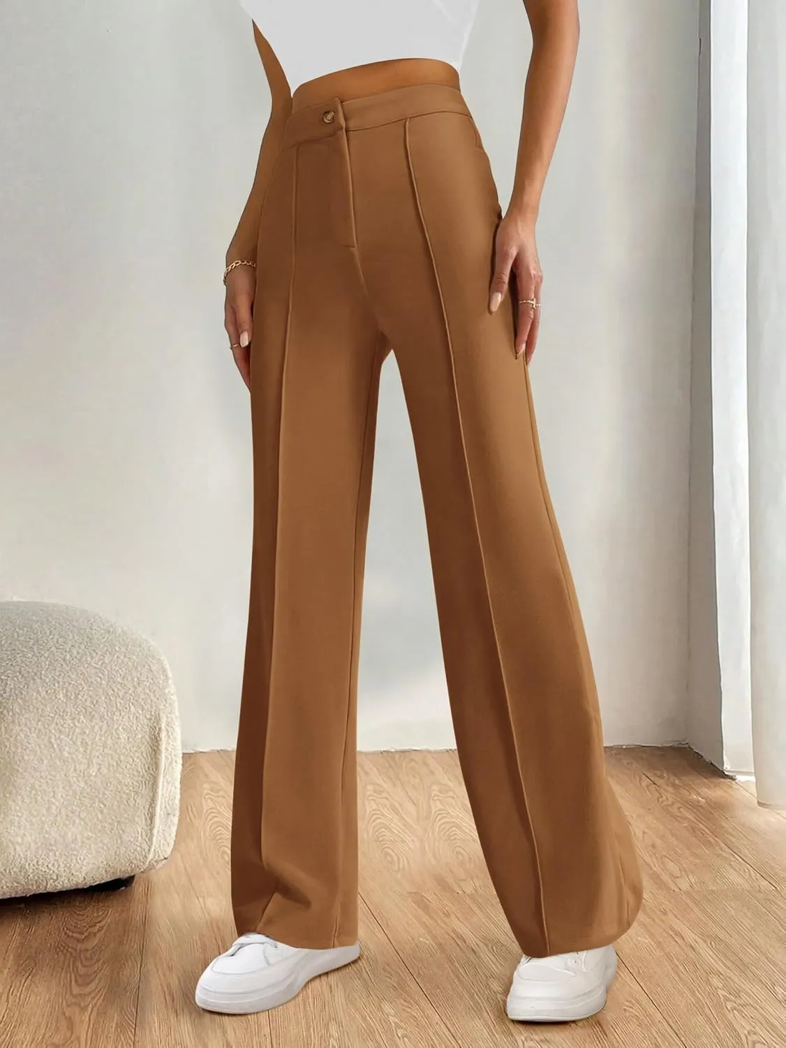 PRETTYGARDEN Straight Leg Pants Stretchy Button Business Casual Work Trousers Knit Elastic Waist Slacks