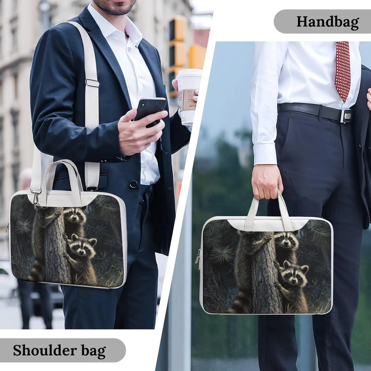 Raccoons Hugging A Tree Trunk Leather Bag Laptop Case Slim Water Resistant Computer Bags with Handle Briefcase for Work