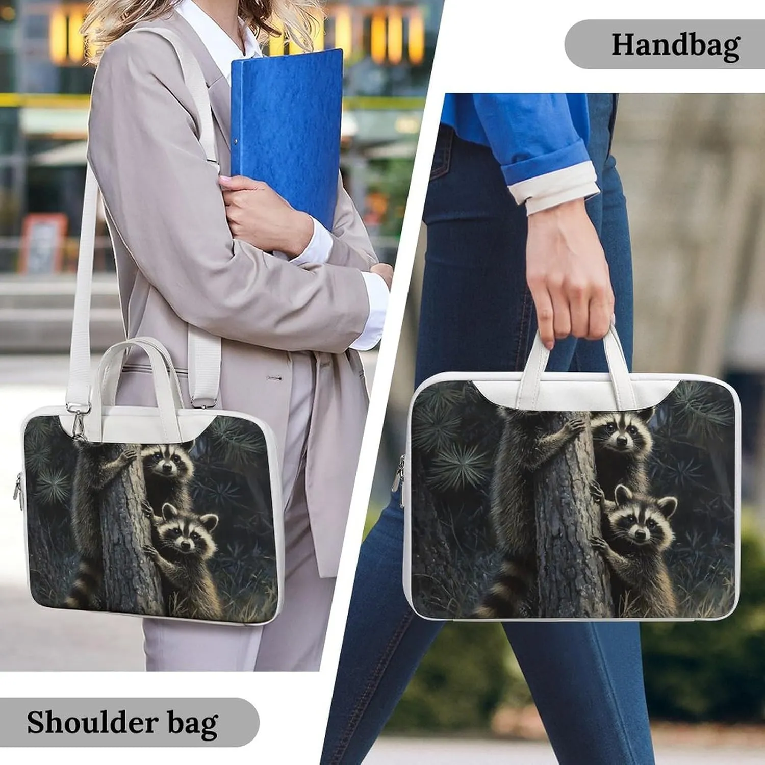 Raccoons Hugging A Tree Trunk Leather Bag Laptop Case Slim Water Resistant Computer Bags with Handle Briefcase for Work