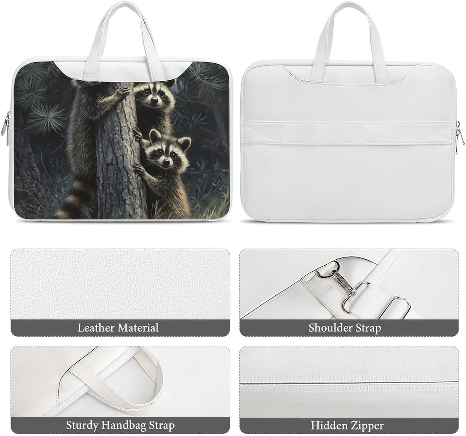 Raccoons Hugging A Tree Trunk Leather Bag Laptop Case Slim Water Resistant Computer Bags with Handle Briefcase for Work