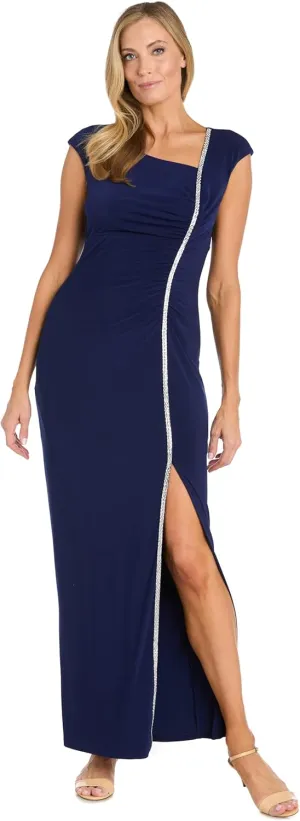 R&M Richards Long Dress with Asymmetrical Neckline Rhinestone Trim & Front Slit